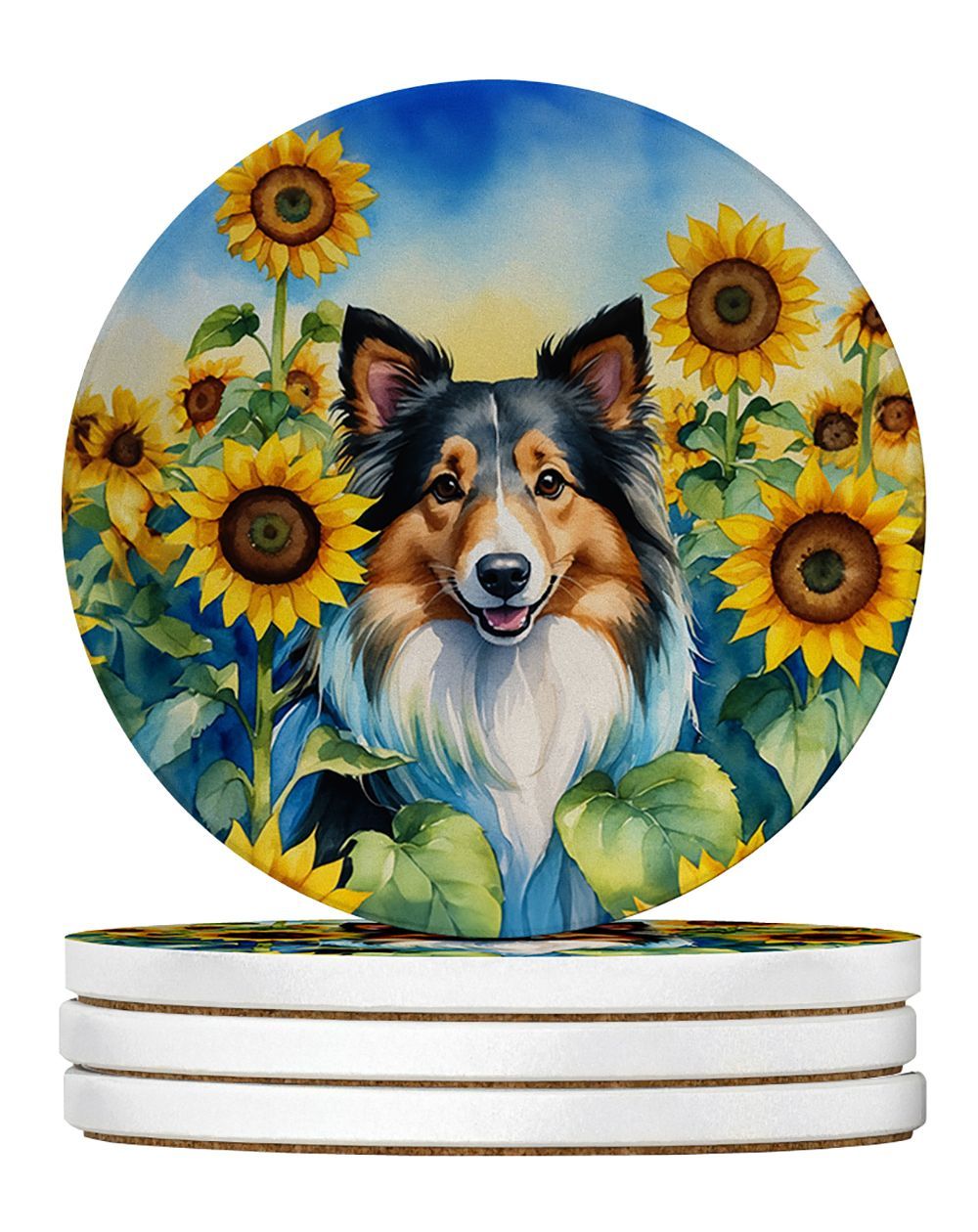 Sheltie In Sunflowers Large Sandstone Coasters Pack Of 4 Absorbent Round Coasters Decor Gifts For Men Or Women, 4 In, Multicolor_maomaolike.com