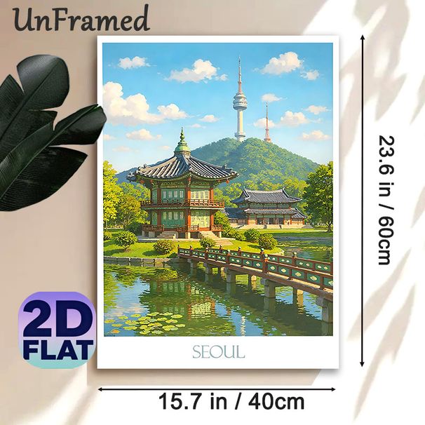 Seoul Traditional Scenery Landscape Painting Poster, Vibrant Oil-style Scenic Poster, Captivating View Of Classic Pavilions, Lake And Seoul Tower_maomaolike.com