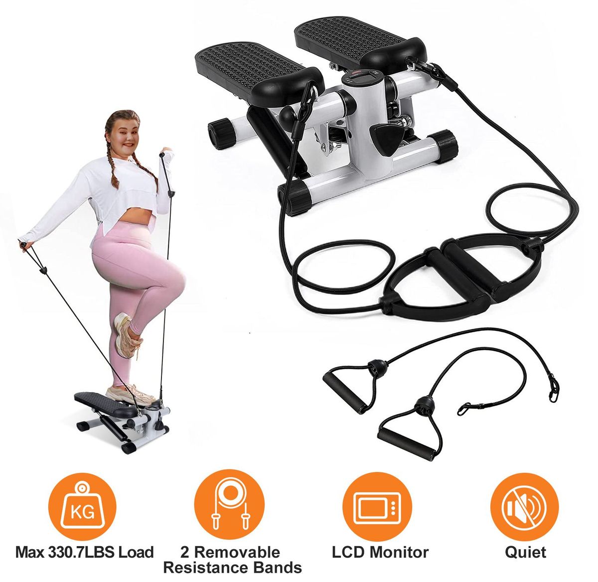 Stepper For Exercise Mini Fitness Stepper With 2 Resistance Bands LCD Monitor Max 330.7LBS Load Stair Stepper Quiet Stepper_maomaolike.com