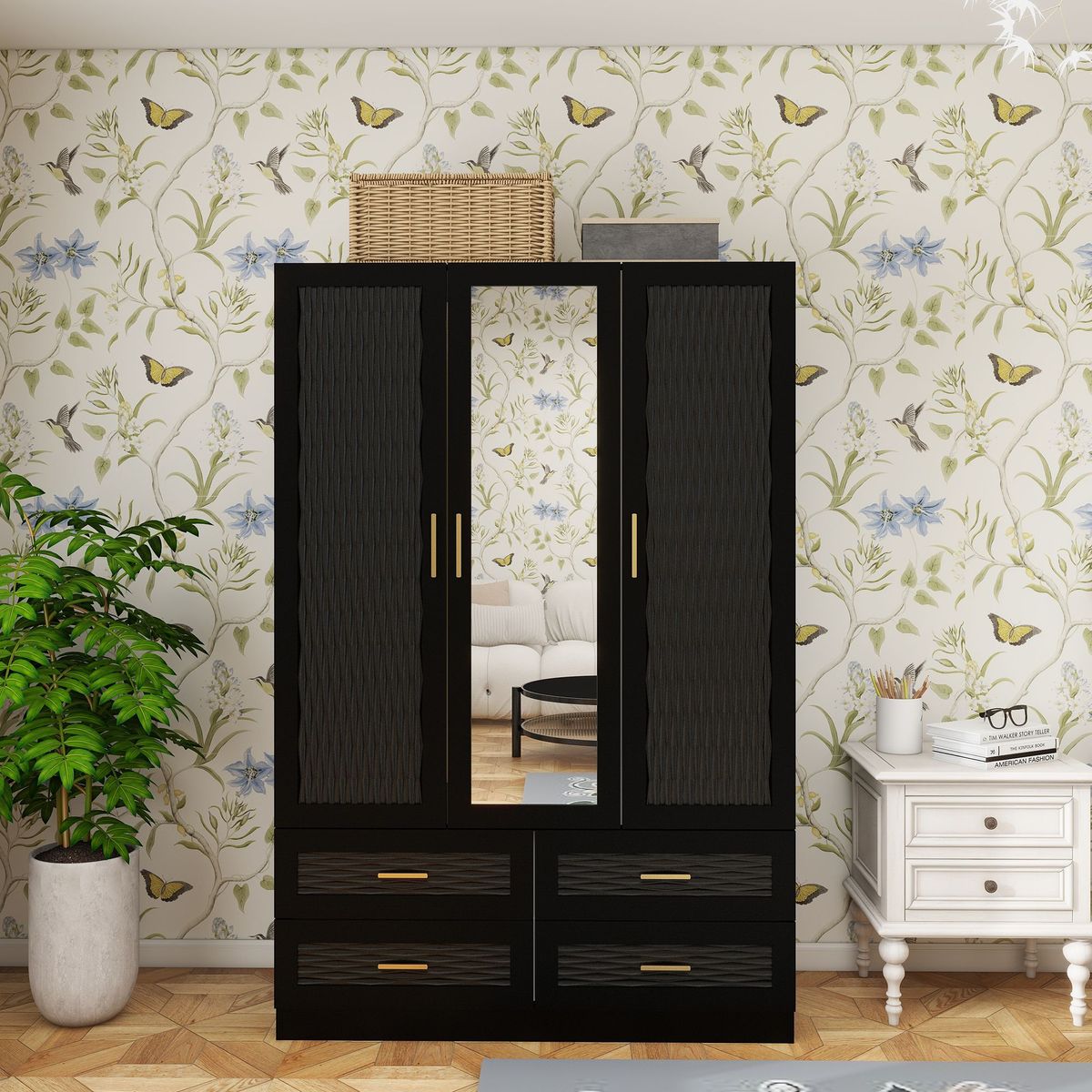 Wooden Armoire Wardrobe Closet With 3 Doors Hanging Rods 4 Drawers Shelves Large Capacity Clothes Storage Cabinet Organization For Bedroom Black 47.24" W X 19.69" D X 70.87 "H -- 2 Packages_maomaolike.com