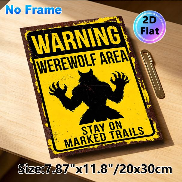 Werewolf Warning Painting Poster, Vintage Distressed Warning Sign Poster, Retro Werewolf Silhouette Design Ideal For Home Wall Decor, Cabin Or_maomaolike.com