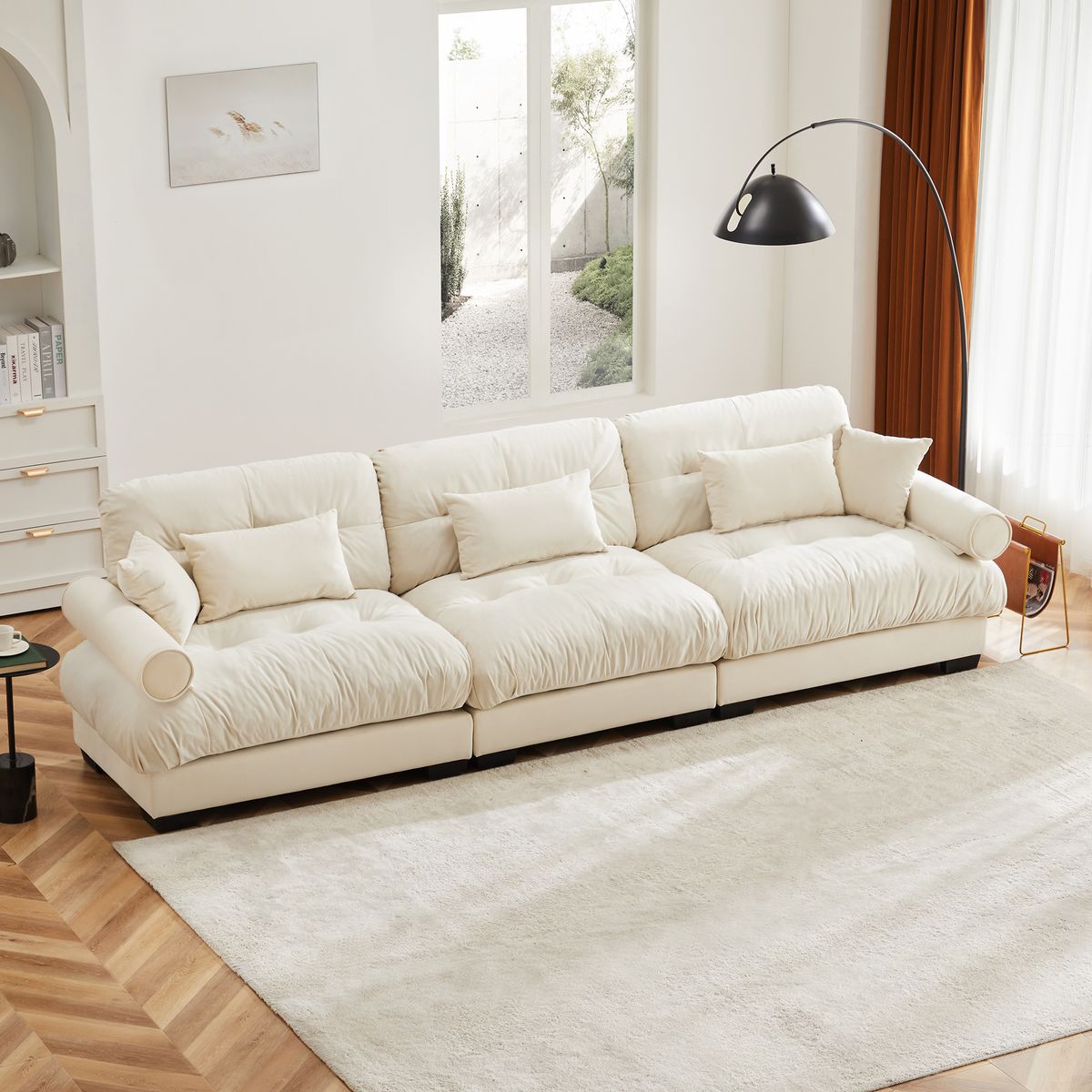 Extra Large 3 Seat Modern Velvet Sofa, Oversize Sofa, Clould Like Comfortable Seat And Back Support, With Waist Pillows And Throw Pillows, Cream_maomaolike.com