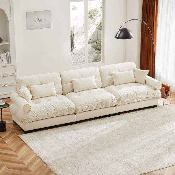 Extra Large 3 Seat Modern Velvet Sofa, Oversize Sofa, Clould Like Comfortable Seat And Back Support, With Waist Pillows And Throw Pillows, Cream_maomaolike.com