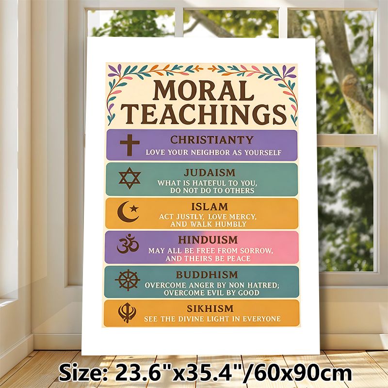 Moral Teachings Painting Poster, Vibrant Typographic Multi-Religious Ethical Quotes Poster, Conveys Universal Positive Values, Ideal For Study_maomaolike.com