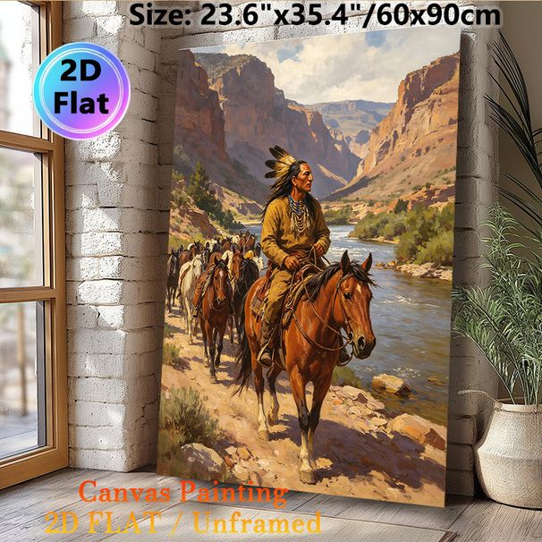 Native American Horseman & Horse Herd Painting Poster, Vintage Western Realistic Oil Painting Poster, Captivating Canyon Riverside Historical Scene_maomaolike.com