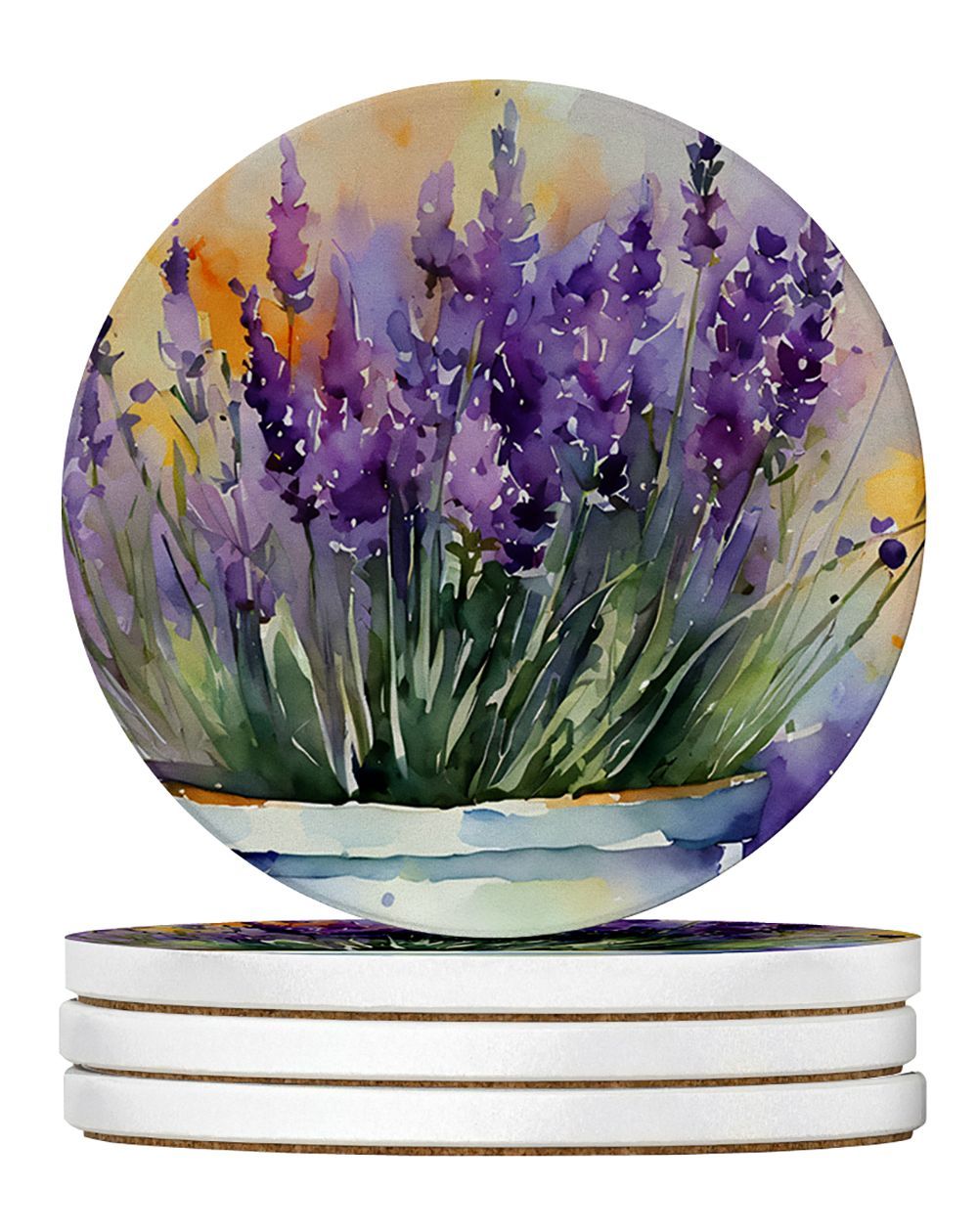Lavender In Watercolor Large Sandstone Coasters Pack Of 4 Absorbent Round Coasters Decor Gifts For Men Or Women, 4 In, Multicolor_maomaolike.com