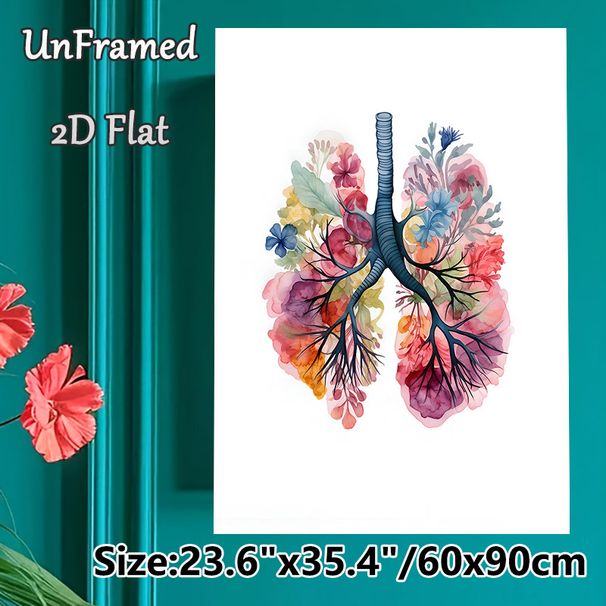 Floral Lung Painting Poster, Delicate Watercolor Floral Human Lung Shaped Poster, Unique Artistic Decor Ideal For Home, Clinic And Office_maomaolike.com