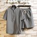 Men's Clothing two-piece suit stand-up collar retro short-sleeved suit casual solid color cotton and linen two-piece suit_maomaolike.com