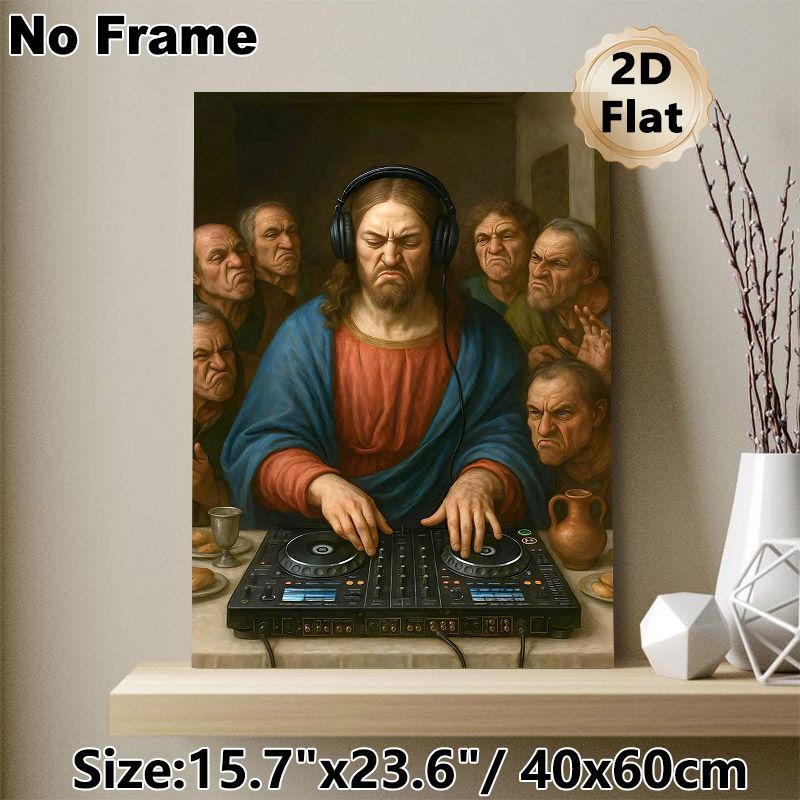 DJ Jesus Parody Painting Poster, Whimsical Classic Art-inspired Poster, Humorous Depiction Of Jesus As DJ With Grumpy Disciples, Quirky Decor Option_maomaolike.com