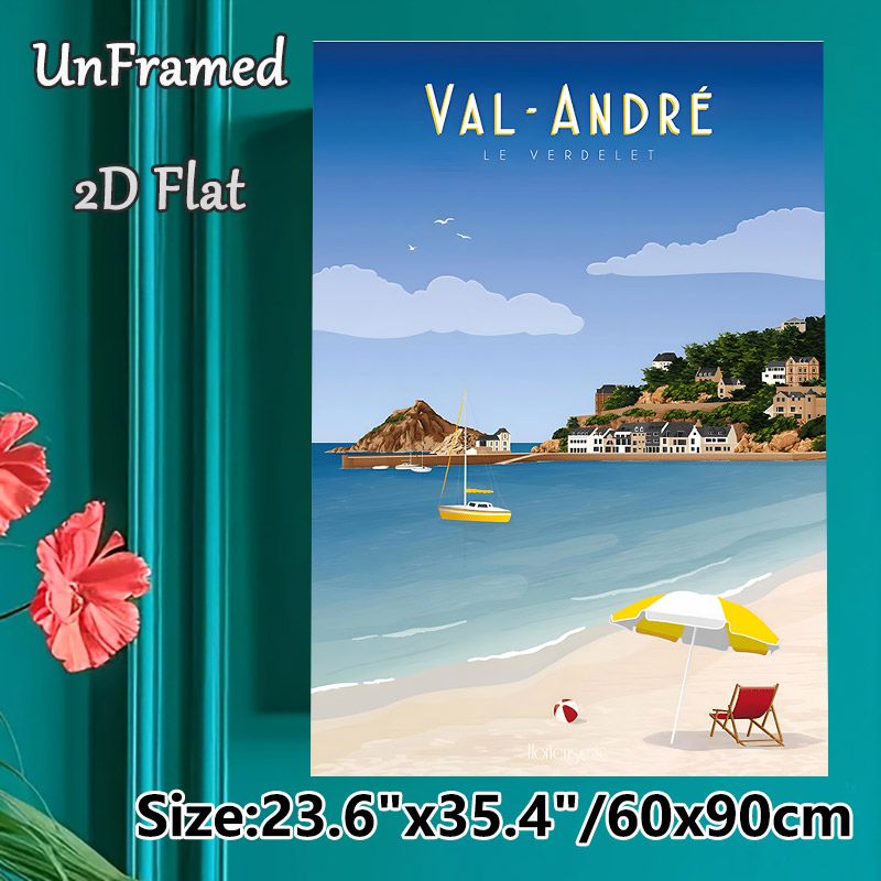 Val-André Coastal Town Painting Poster, Vibrant Retro Scenic Seaside Poster, Sunny Beach With Sailboat & Coastal Houses Design, Adds Tranquil Coastal_maomaolike.com