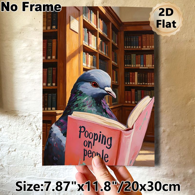 Pigeon Reading Book Painting Poster, Rich-toned Oil Painting Style Poster, Playful Quirky Literary Decor Ideal For Library, Study Room_maomaolike.com