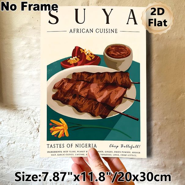 Suya African Cuisine Painting Poster, Vintage Style Illustrated Nigerian Grilled Beef & Side Dishes Poster, Attractive Culinary Artwork Ideal For_maomaolike.com