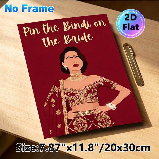 Pin The Bindi On The Bride Painting Poster, Vibrant Traditional Indian Bridal Illustration Poster, Interactive Party Game Decor Ideal For Bachelorette_maomaolike.com