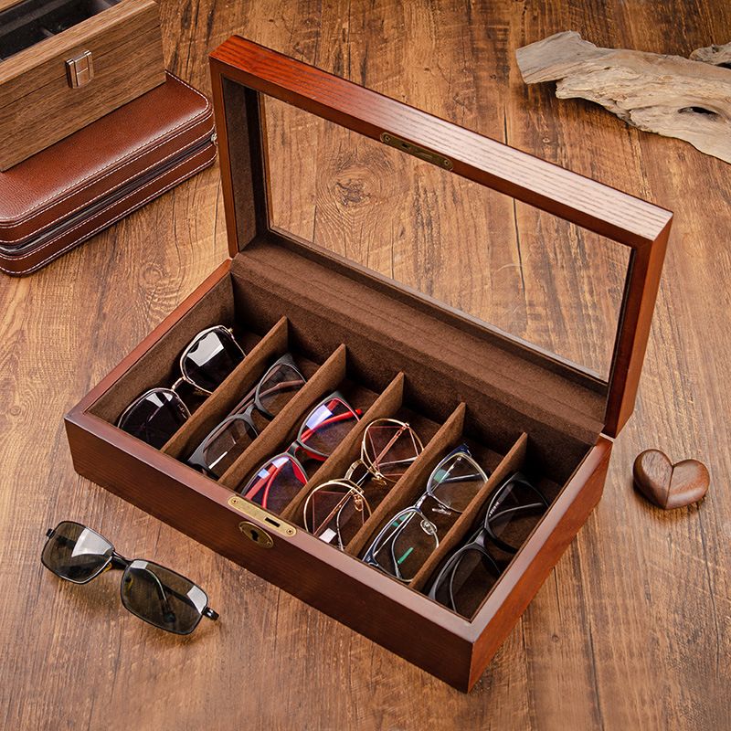 Unisex Glasses sunglasses multi-cell storage box with lock Aspergillus wood myopia sunglasses finishing dust display box_maomaolike.com