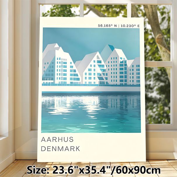 Aarhus Denmark Coastal Architecture Painting Poster, Minimalist Soft-toned Waterfront Building Poster, Serene Urban Coastal Decor Suitable For Living_maomaolike.com