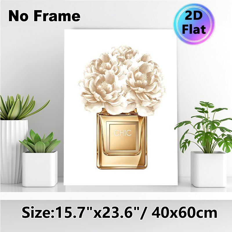 Chic Perfume Bottle With Peonies Painting Poster, Elegant Gilded Floral Poster, Refined Decorative Piece Suitable For Bedroom, Vanity Space_maomaolike.com