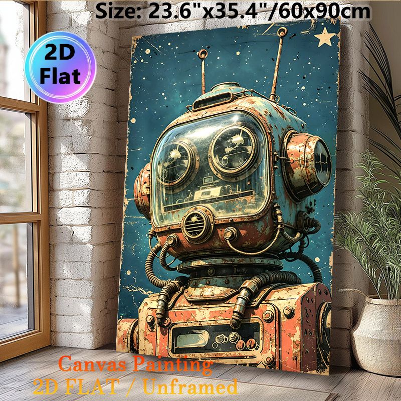 Vintage Robot Painting Poster, Retro Rusted Steampunk-style Robot Poster, Weathered Mechanical Design With Starry Backdrop, Ideal For Home Office_maomaolike.com