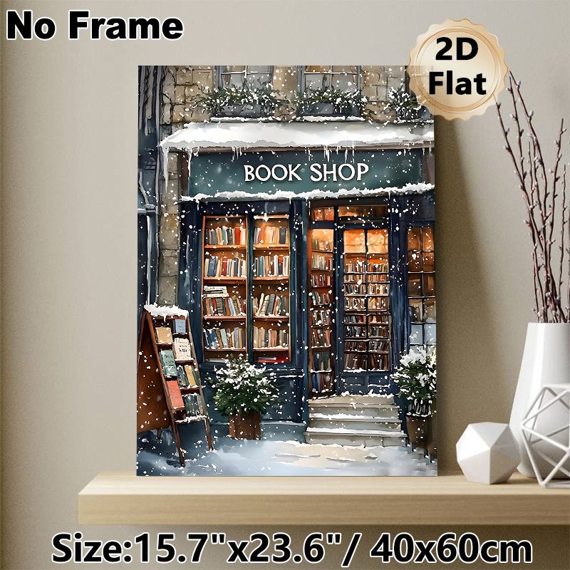 Winter Book Shop Painting Poster, Warm Watercolor Cozy Snow-covered Bookstore Scene Poster, Gentle Winter Ambiance Decor For Living Room, Study_maomaolike.com