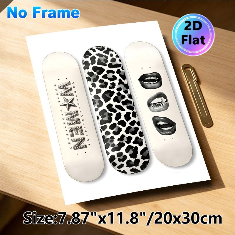 Skateboard Leopard Print & Grunge Lips Painting Poster, Monochrome Edgy Graphic Poster, Sleek Urban-style Decor Suitable For Living Room, Studio Or_maomaolike.com