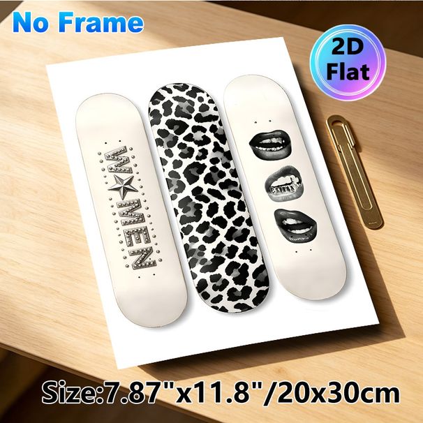 Skateboard Leopard Print & Grunge Lips Painting Poster, Monochrome Edgy Graphic Poster, Sleek Urban-style Decor Suitable For Living Room, Studio Or_maomaolike.com