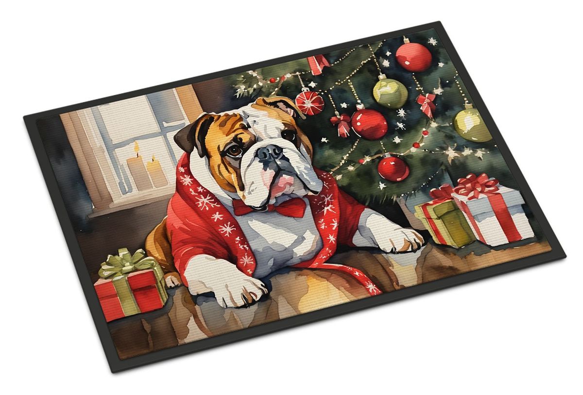 English Bulldog Cozy Christmas Doormat Front Door Mat Indoor Outdoor Rugs For Entryway, Non Slip Washable Low Pile, 24H X 36W_maomaolike.com