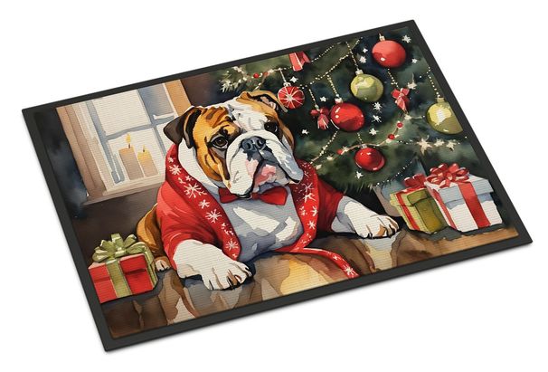 English Bulldog Cozy Christmas Doormat Front Door Mat Indoor Outdoor Rugs For Entryway, Non Slip Washable Low Pile, 24H X 36W_maomaolike.com