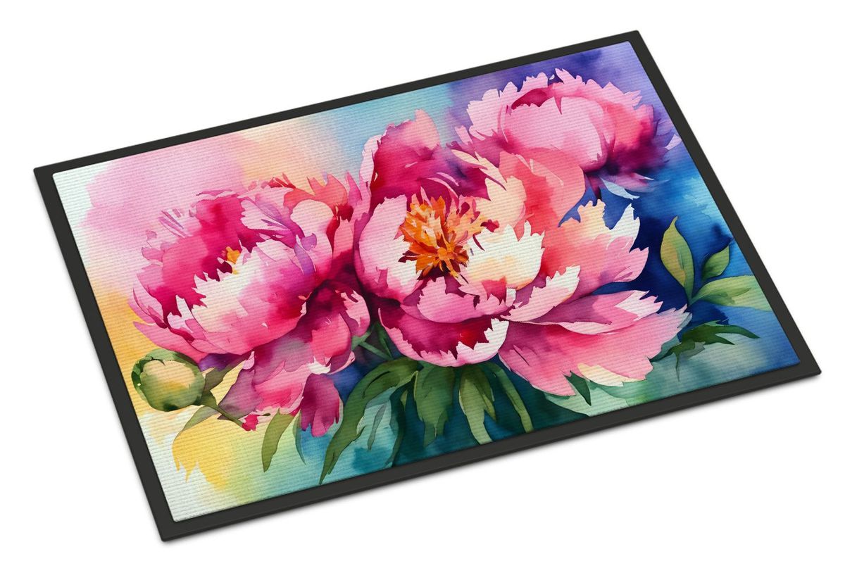 Peonies In Watercolor Doormat Front Door Mat Indoor Outdoor Rugs For Entryway, Non Slip Washable Low Pile, 24H X 36W_maomaolike.com