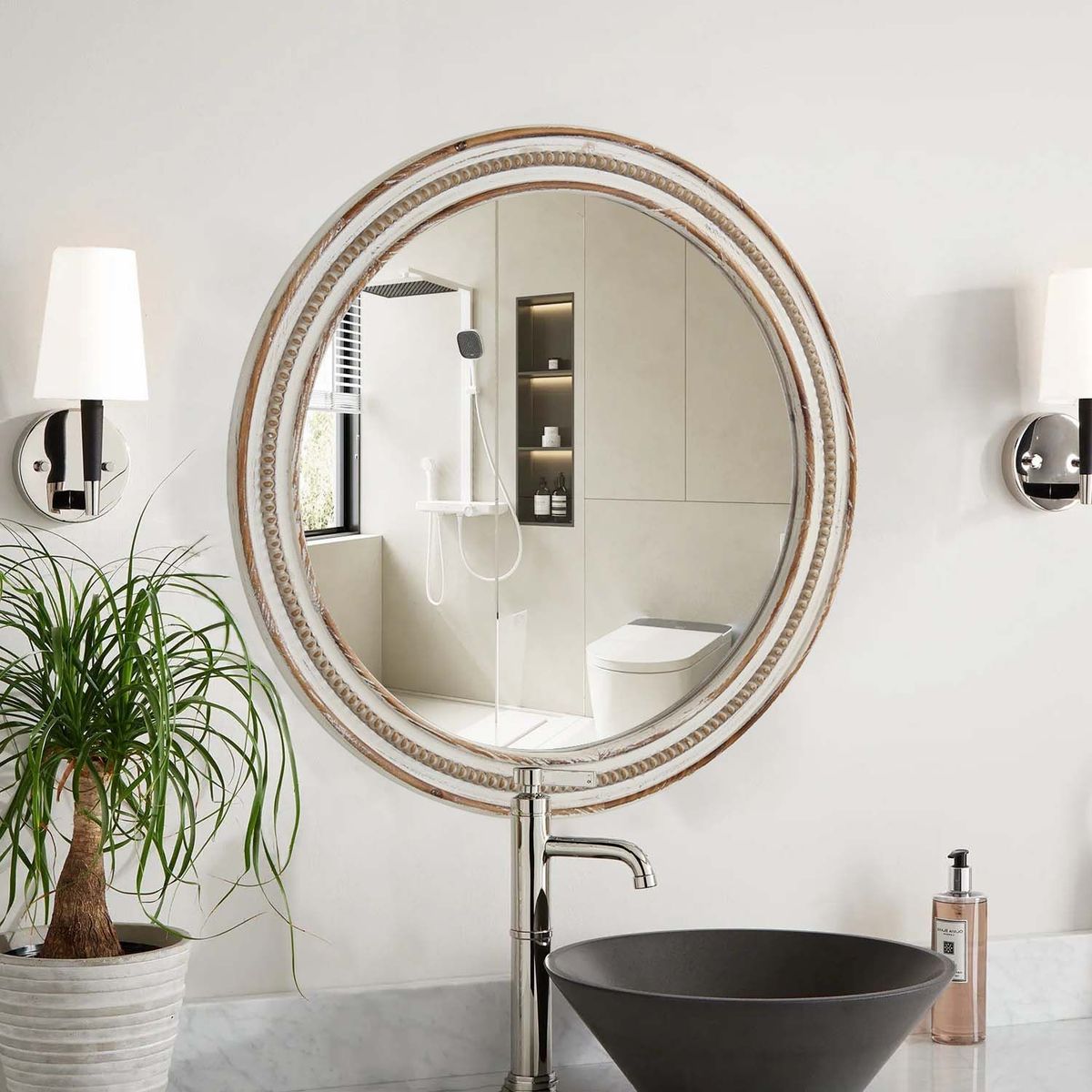 23.62 Inches Wood Round Decorative Mirrors For Wall Decor, Rustic Circle Mirror For Bedroom, Bathroom, Living Room, Entryway Mirror For Home And Office With Beads_maomaolike.com