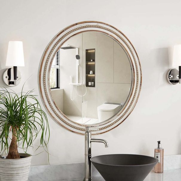 23.62 Inches Wood Round Decorative Mirrors For Wall Decor, Rustic Circle Mirror For Bedroom, Bathroom, Living Room, Entryway Mirror For Home And Office With Beads_maomaolike.com