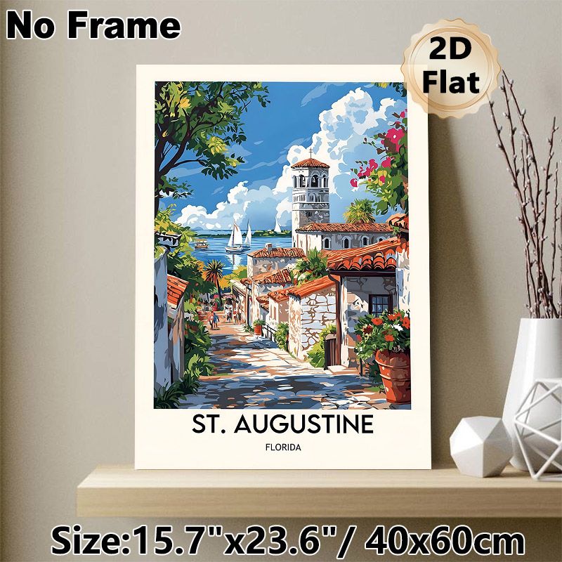 St. Augustine Florida Coastal Town Painting Poster, Vibrant Retro Scenic Poster, Picturesque Seaside Street With Bell Tower & Sailboats, Ideal_maomaolike.com