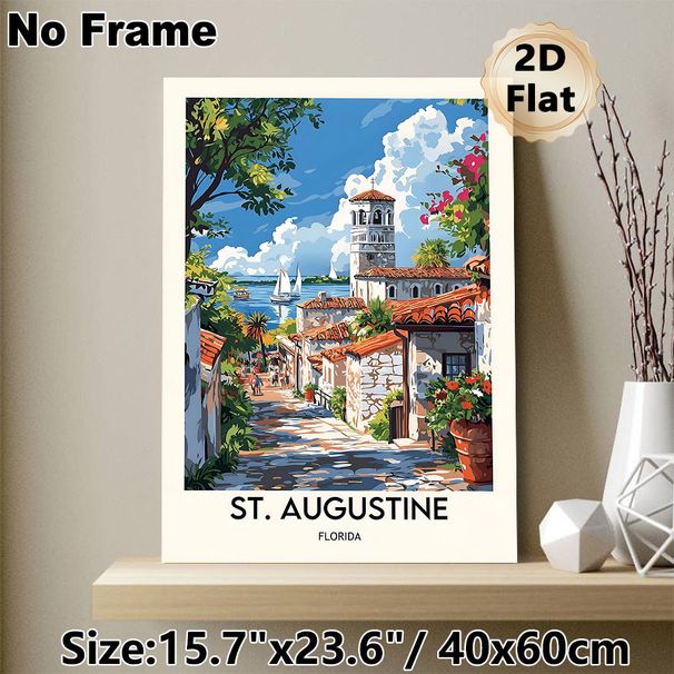 St. Augustine Florida Coastal Town Painting Poster, Vibrant Retro Scenic Poster, Picturesque Seaside Street With Bell Tower & Sailboats, Ideal_maomaolike.com