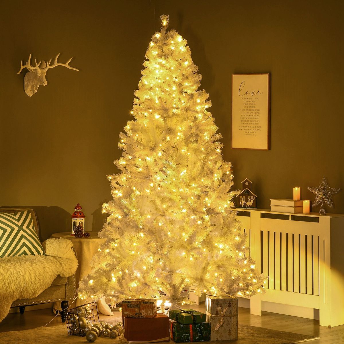 7.5 Ft Tall Prelit Artificial Christmas Tree Holiday Décor With 1518 Branches, 500 Warm White LED Lights, Auto Open, White_maomaolike.com