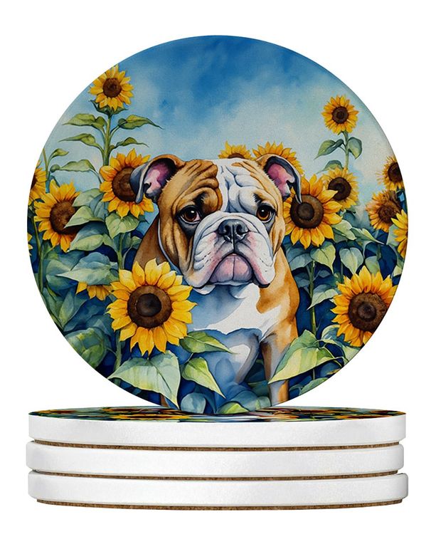 English Bulldog In Sunflowers Large Sandstone Coasters Pack Of 4 Absorbent Round Coasters Decor Gifts For Men Or Women, 4 In, Multicolor_maomaolike.com