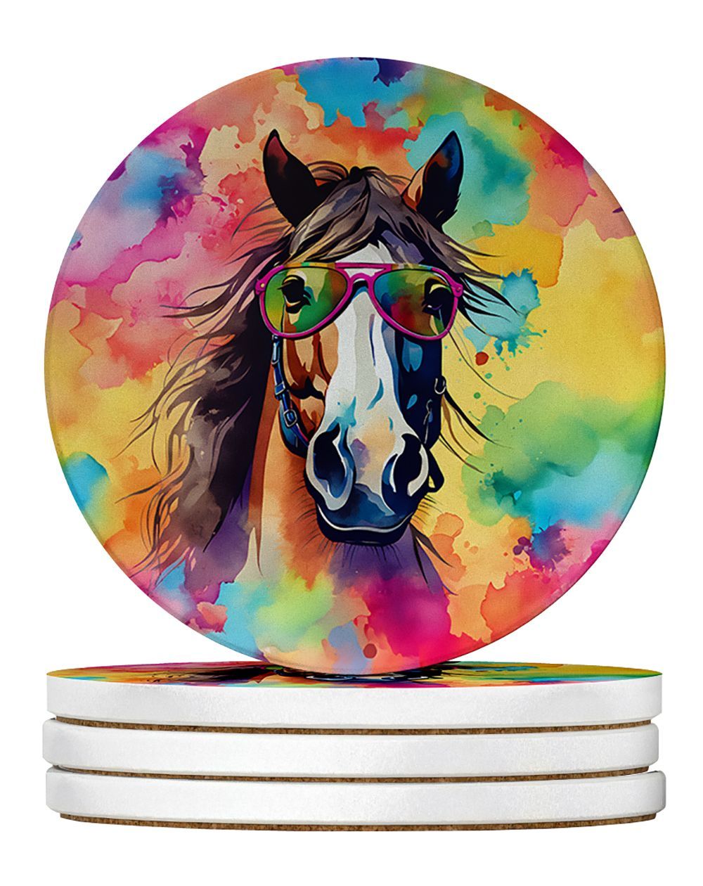 Hippie Animal Horse Large Sandstone Coasters Pack Of 4 Absorbent Round Coasters Decor Gifts For Men Or Women, 4 In, Multicolor_maomaolike.com