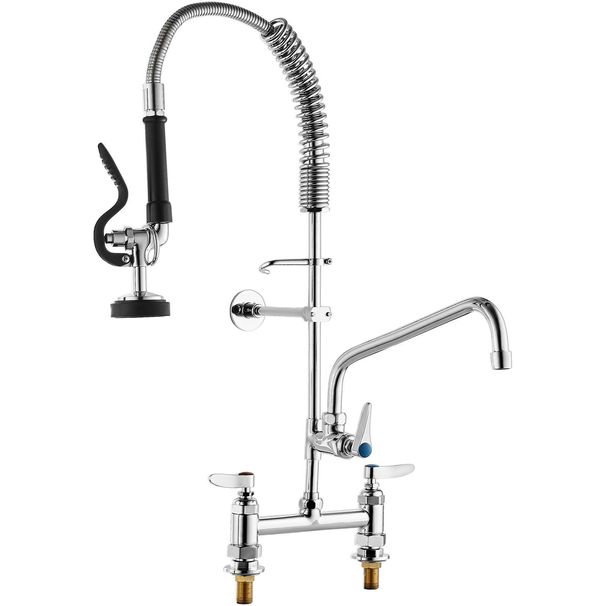 VEVOR Commercial Faucet With Pre-Rinse Sprayer, 26" Height, 8" Center, 12" Swing Spout, Deck Mount Kitchen Sink Faucet, Brass Constructed Device With Pull Down Spray, For 1/2/3 Compartment Sink_maomaolike.com