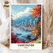 Vancouver Canada Cityscape Painting Poster, Vibrant Retro Travel Style Poster, Scenic Coastal Urban Scene With Fall Foliage & Snow-capped Mountains_maomaolike.com