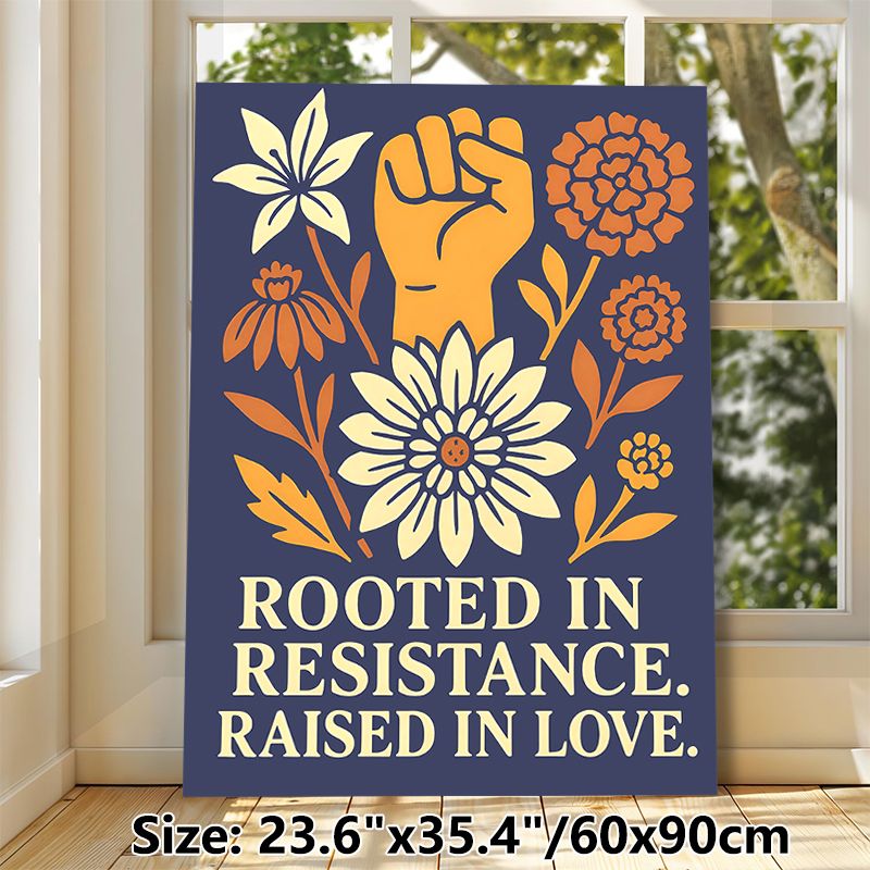 Resistance & Love Themed Painting Poster, Warm-toned Vintage Floral & Raised Fist Graphic Poster, Inspirational Quote Print For Home, Office Wall_maomaolike.com