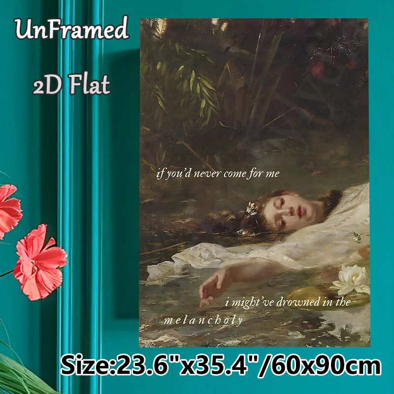 Melancholy Themed Painting Poster, Vintage Oil Painting Style Poster, Features A Woman Afloat In Water With Poetic Text And Water Lilies, Evokes_maomaolike.com