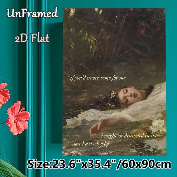 Melancholy Themed Painting Poster, Vintage Oil Painting Style Poster, Features A Woman Afloat In Water With Poetic Text And Water Lilies, Evokes_maomaolike.com