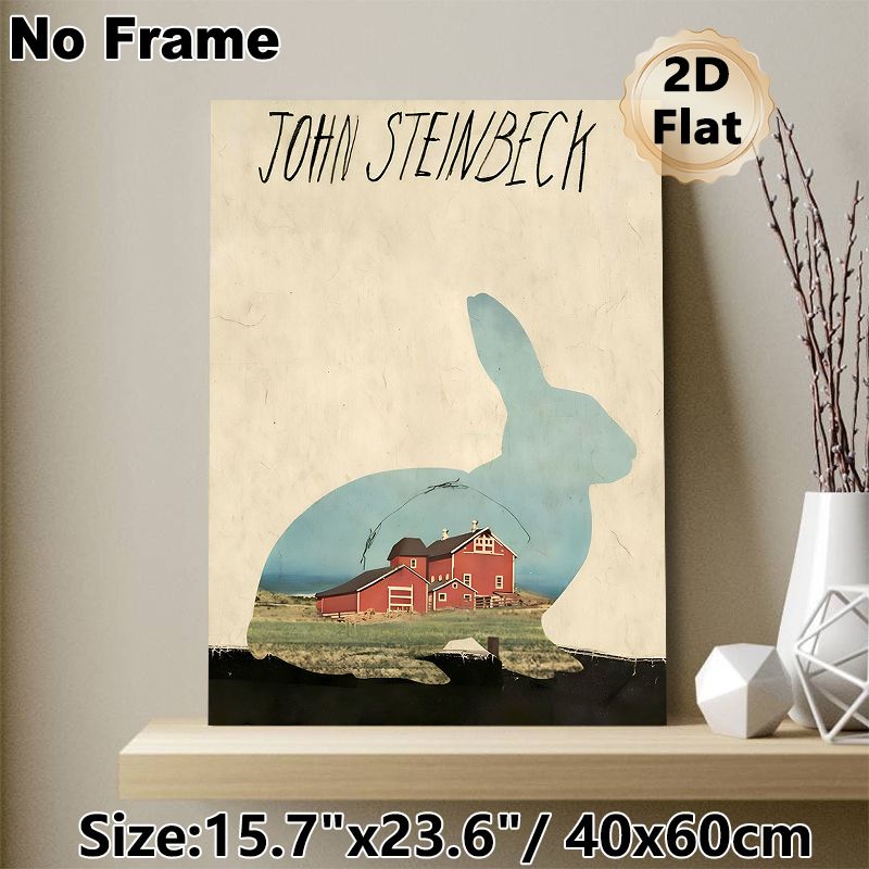 John Steinbeck Farm Rabbit Painting Poster, Vintage Rabbit Silhouette With Red Farm Scene Poster, Retro Literary-inspired Decor For Home Study, Living_maomaolike.com