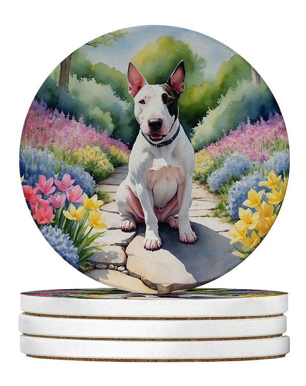 English Bull Terrier Spring Path Large Sandstone Coasters Pack Of 4 Absorbent Round Coasters Decor Gifts For Men Or Women, 4 In, Multicolor_maomaolike.com