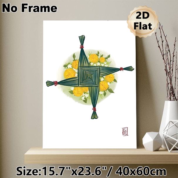 Brigid's Cross Floral Painting Poster, Soft Watercolor Style Poster, Delicate Woven Green Cross With Yellow And White Blooms, Suitable For Home Wall_maomaolike.com