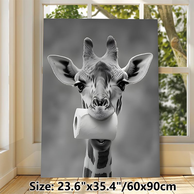 Funny Giraffe Painting Poster, Monochrome Whimsical Giraffe With Toilet Roll Poster, Playful Humorous Wall Decor Ideal For Bathroom, Living Room_maomaolike.com