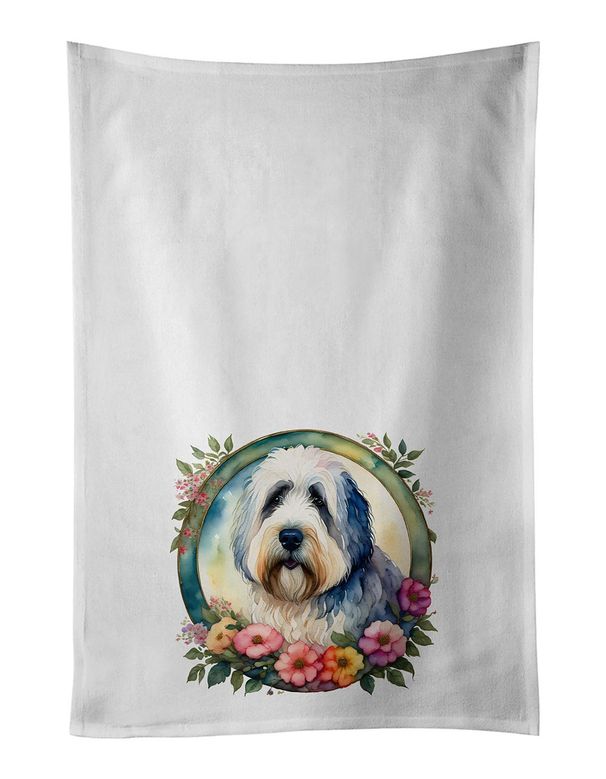 Old English Sheepdog And Flowers Kitchen Towel Set Of 2 White Dish Towels Decorative Bathroom Hand Towel For Hand, Face, Hair, Yoga, Tea, Dishcloth, 19 X 28", White_maomaolike.com