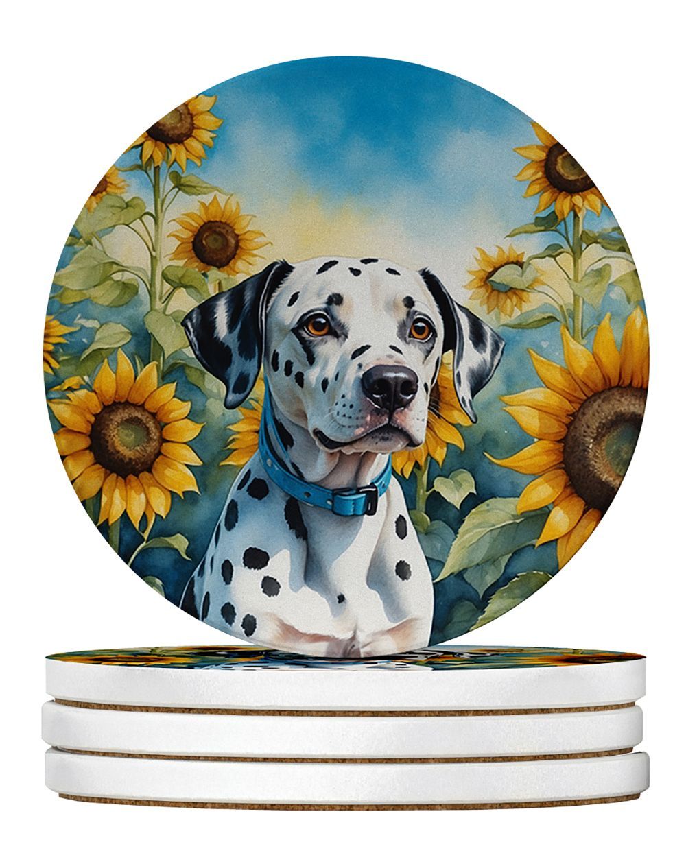 Dalmatian In Sunflowers Large Sandstone Coasters Pack Of 4 Absorbent Round Coasters Decor Gifts For Men Or Women, 4 In, Multicolor_maomaolike.com