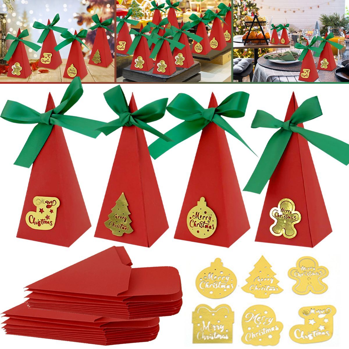 20PCS Christmas Candy Boxes 4 Styles Christmas Treat Gift Boxes Cute DIY Paper Box With Ribbon Triangle Sweet Boxes For Birthday Christmas Party Supplies_maomaolike.com