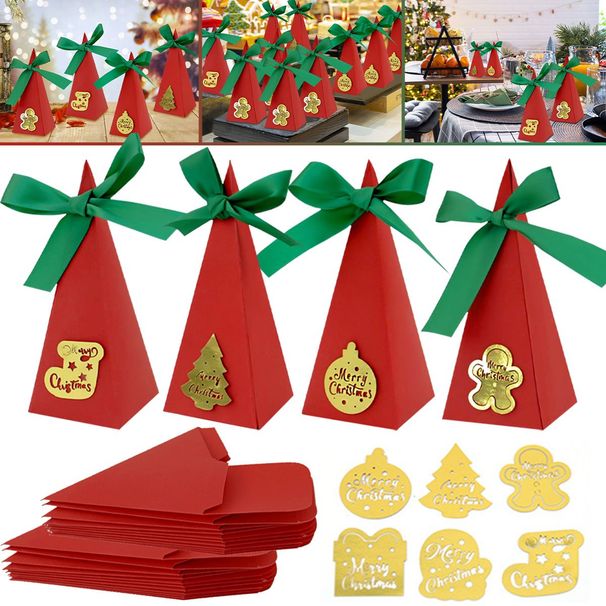 20PCS Christmas Candy Boxes 4 Styles Christmas Treat Gift Boxes Cute DIY Paper Box With Ribbon Triangle Sweet Boxes For Birthday Christmas Party Supplies_maomaolike.com
