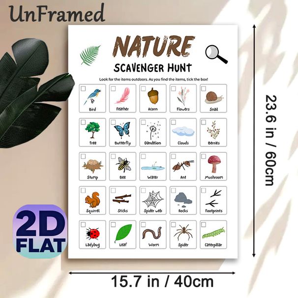 Nature Scavenger Hunt Painting Poster, Vibrant Cartoon Nature Elements Poster, Practical Checklist To Track Found Items For Outdoor Adventures And_maomaolike.com