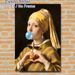 Modernized Girl With A Pearl Earring Painting Poster, Whimsical Reimagined Classic Art Poster, Playful Bubble Gum Blowing & Heart Gesture Design_maomaolike.com