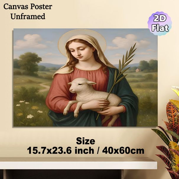 Saint With Lamb Religious Painting Poster, Classic Vintage Pastoral Oil Painting Style Poster, Serene Spiritual Decor Ideal For Home, Prayer Room_maomaolike.com